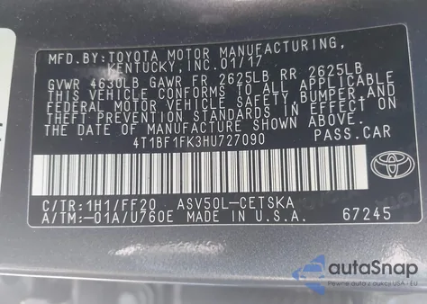 2017 Toyota Camry Se из США, поврежденный, VIN 4T1BF1FK3HU727090